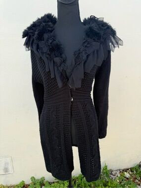 Cache Black Knit Cardigan with Ruffle Feather Collar